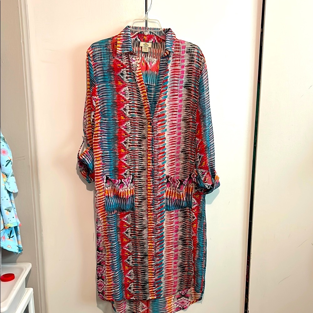 Turquoise Haven vibrant semi sheer Long Shirt Dress duster layering summer light